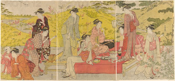 Picnic Party at Hagidera, c. 1785/95, Katsukawa Shuncho, Japanese, active c. 1780-1801, Japan, Color woodblock print, oban triptych, 34.4 x 75.2 cm (overall)