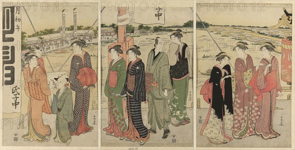 Visit to the Masaki Inari Shrine, 1786, Katsukawa Shuncho, Japanese, active c. 1780-1801, Japan, Color woodblock print, oban triptych, 37.6 x 25.1 cm (right sheet), 37.4 x 24.2 cm (center sheet), 37.6 x 25.6 cm (left sheet)