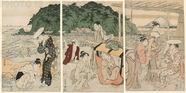 Visitors to Enoshima, c. 1789, Torii Kiyonaga, Japanese, 1752-1815, Japan, Color woodblock prints, oban triptych, 37.4 x 24.5 cm (right sheet), 37.5 x 25.1 cm (center sheet), 37.2 x 24.2 cm (left sheet)