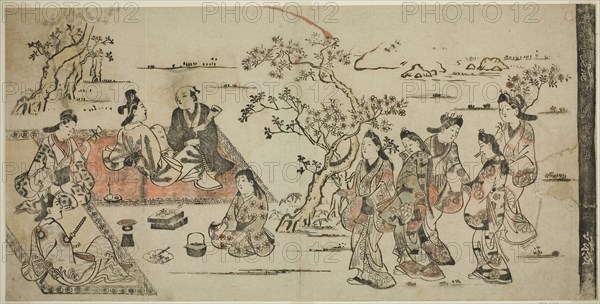Flower Viewing, 1711 (reprint of 17th century work), Attributed to Hishikawa Moronobu, Japanese, (?)-1694, Japan, Hand-colored woodblock print, o-oban, tan-e, 11 7/8 x 23 3/4 in.