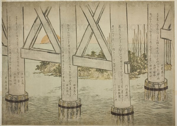 Pillars of Eitai Bridge, 1785, Kitagawa Utamaro ??? ??, Japanese, 1753 (?)-1806, Japan, Color woodblock print, large surimono, 41.2 x 57.4 cm