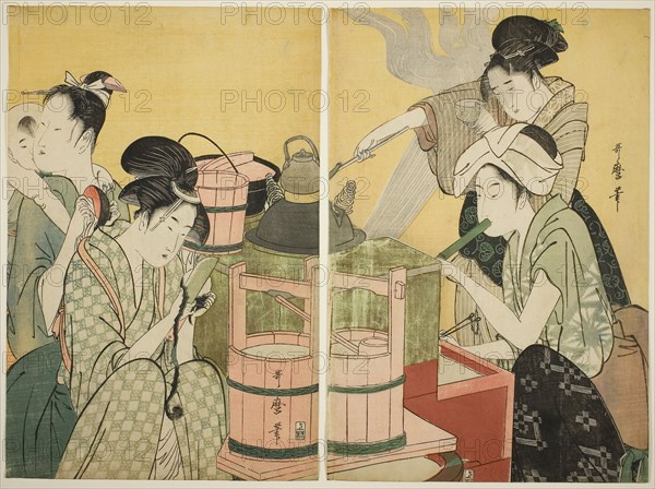 Kitchen Scene, c. 1794/95, Kitagawa Utamaro ??? ??, Japanese, 1753 (?)-1806, Japan, Color woodblock print, oban diptych, Right: 37.5 x 25.4 cm (14 3/4 x 10 in.), left: 37.5 x 24.8 cm (14 3/4 x 9 3/4 in.)
