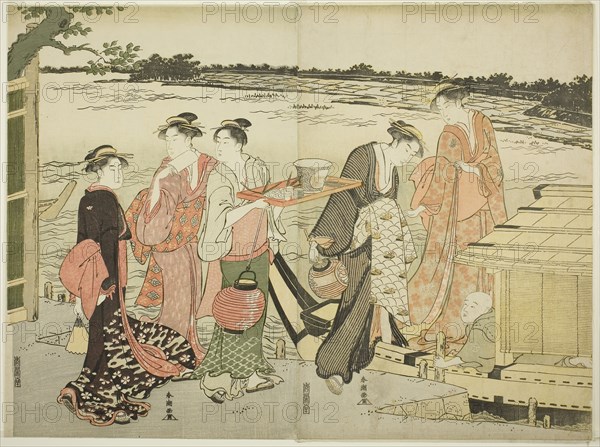 Women Boarding a Pleasure Boat, 1780s, Katsukawa Shuncho, Japanese, active c. 1780-1801, Japan, Color woodblock print, oban diptych, 38 x 51.4 cm