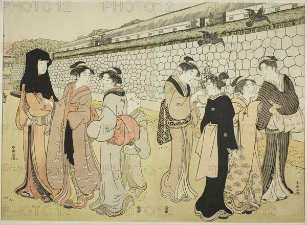 Women Walking by a Moat, 1780s, Katsukawa Shuncho, Japanese, active c. 1780-1801, Japan, Color woodblock print, two sheets from oban triptych, 36.2 x 49.5 cm