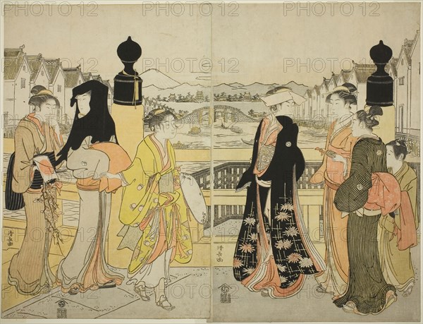 Women Crossing Nihonbashi Bridge, c. 1786, Torii Kiyonaga, Japanese, 1752-1815, Japan, Color woodblock print, oban diptych, 38.7 x 25.6 cm (right sheet), 38.4 x 25.4 cm (left sheet)