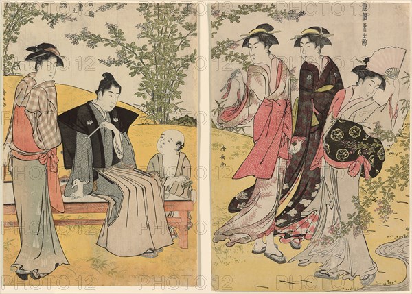 An outing at Hagidera, from the series A Brocade of Eastern Manners (Fuzoku Azuma no nishiki), c. 1783/84, Torii Kiyonaga, Japanese, 1752-1815, Japan, Color woodblock print, oban diptych, 37.8 x 25.8 cm (right sheet), 37.1 x 25.2 cm (left sheet)