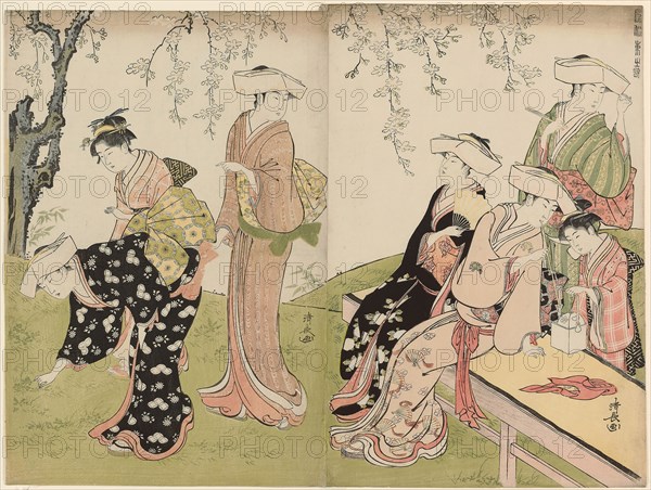 An Outing in Spring, from the series A Brocade of Eastern Manners (Fuzoku azuma no nishiki), c. 1783/84, Torii Kiyonaga, Japanese, 1752-1815, Japan, Color woodblock print, oban diptych, 39.0 x 26.0 cm (right sheet), 38.4 x 26.1 cm (left sheet)