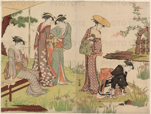 By an Iris Pond, c. 1785, Torii Kiyonaga, Japanese, 1752-1815, Japan, Color woodblock print, oban diptych, 38.7 x 25.5 cm (right sheet), 39.0 x 26.1 cm (left sheet)