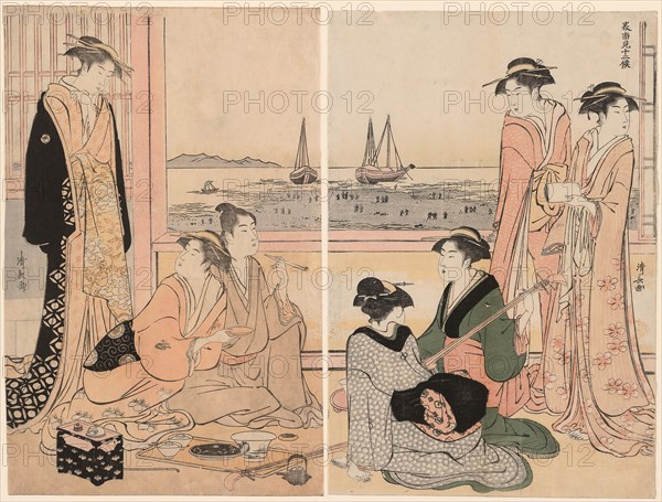 The Fourth Month, from the series Twelve Months in the South (Minami juni ko), c. 1784, Torii Kiyonaga, Japanese, 1752-1815, Japan, Color woodblock prints, oban diptych, 38.4 x 50.6 cm (overall), 38.2 x 25.6 cm (right sheet), 38.4 x 24.9 cm (left sheet)