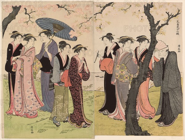 The Third Month (Sangatsu), from the series Twelve Months in the South (Minami juni ko), c. 1784, Torii Kiyonaga, Japanese, 1752-1815, Japan, Color woodblock print, oban diptych, 39.1 x 51.3 cm (overall), 38.1 x 25.3 cm (right sheet), 39.0 x 26.0 cm (left sheet)