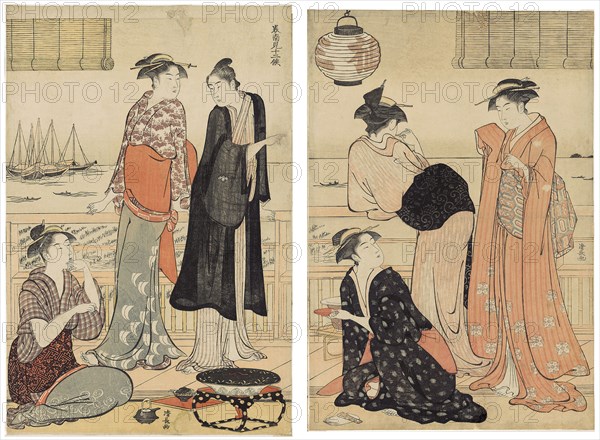The Sixth Month, Enjoying the Evening Cool in a Teahouse, from the series The Twelve Months in the Southern Quarter (Minami juni ko), About 1783, Torii Kiyonaga, Japanese, 1752-1815, Japan, Color woodblock prints, oban diptych, 39.1 x 52 cm (overall), 38.4 x 26.0 cm (right sheet), 39.1 x 26.0 cm (left sheet)