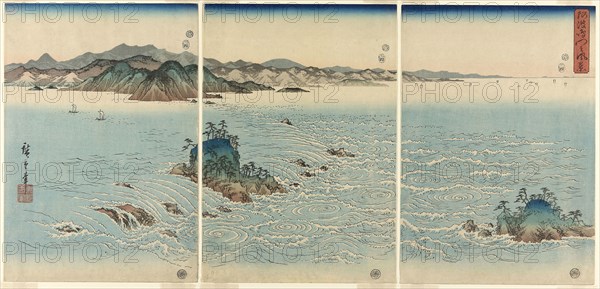 The Whirlpools in Naruto Strait, Awa Province (Awa Naruto no fukei), 1857, Utagawa Hiroshige ?? ??, Japanese, 1797–1858, Japan, Color woodblock prints, oban triptych, Each sheet: 36.1 x 25.1 cm (14 3/16 x 9 7/8in.)