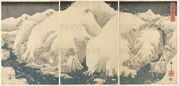 Mountains and Rivers on the Kiso Road (Kisoji no yamakawa), from an untitled series of triptychs, 1857, Utagawa Hiroshige ?? ??, Japanese, 1797–1858, Japan, Color woodblock print, oban triptych, Each sheet: 36 x 25 cm (14 1/8 x 9 7/8 in.)