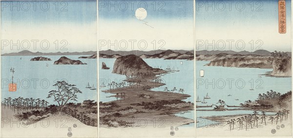 Evening View of Eight Famous Sites at Kanazawa (Buyo Kanazawa hassho yakei), 1857, Utagawa Hiroshige ?? ??, Japanese, 1797-1858, Japan, Color woodblock prints, oban triptych, 35.9 x 74.9 cm (14 1/8 x 29 1/2 in.)
