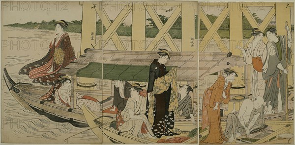 Pleasure Boats below Azuma Bridge, c. 1784, Torii Kiyonaga, Japanese, 1752-1815, Japan, Color woodblock print, oban triptych, 38.7 x 25.8 cm (right sheet), 39.0 x 25.4 cm (center sheet), 39.0 x 26.1 cm (left sheet)
