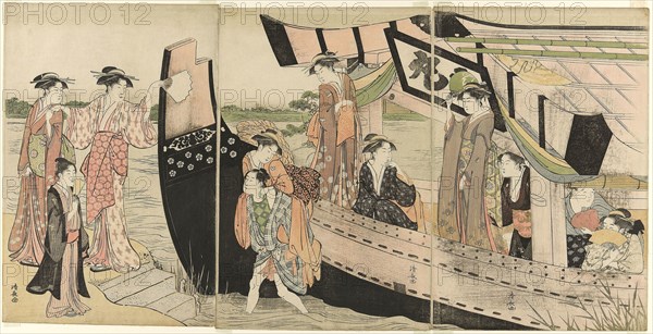 Women Coming Ashore from a Pleasure Boat on the Sumida River, c. 1785, Torii Kiyonaga, Japanese, 1752-1815, Japan, Color woodblock print, oban triptych, 39.4 x 26.4 cm (right sheet), 39.3 x 26.0 cm (center sheet), 39.2 x 26.1 cm (left sheet)