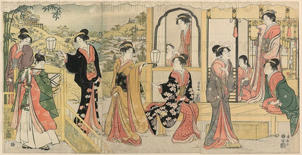 A Modern Version of Ushiwakamaru Serenading Princess Joruri, c. 1785, Torii Kiyonaga, Japanese, 1752-1815, Japan, Color woodblock prints, oban triptych, 37.9 x 24.5 cm (right sheet), 37.9 x 24.7 cm (center sheet), 37.9 x 25.0 cm (left sheet)