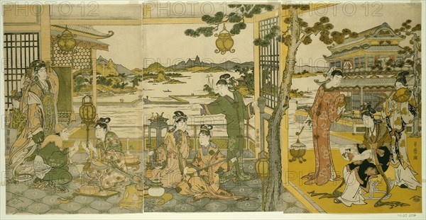 Chinese Beauties at a Banquet, 1788/90, Kitagawa Utamaro ??? ??, Japanese, 1753 (?)-1806, Japan, Color woodblock prints, oban triptych, 37.1 x 75.5 cm