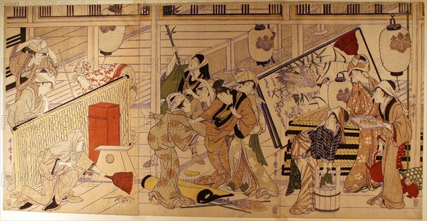 House cleaning in preparation for the New Year, late 1790s, Kitagawa Utamaro ??? ??, Japanese, 1753 (?)-1806, Japan, Color woodblock print, three left sheets of oban pentaptych, 38.8 x 77.0 cm