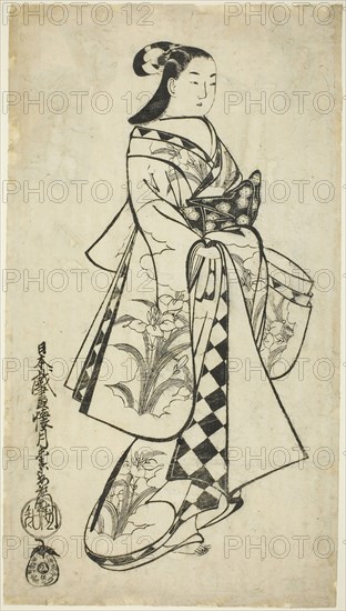 Standing Beauty, c. 1714, Kaigetsudo Anchi, Japanese, active c. 1704–16, Japan, Woodblock print, sumizuri-e, vertical o-oban, 22 1/4 × 12 1/2 in.