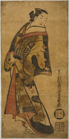 Standing Courtesan, c. 1715, Kaigetsudo Dohan, Japanese, active c. 1704-16, Japan, Hand-colored woodblock print, o-oban, tan-e, 58.4 x 28.6 cm (23 x 11 1/4 in.)