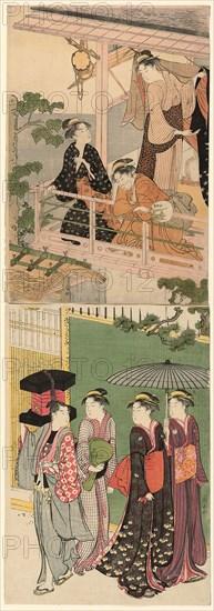 A Fan Peddler Passing Beneath a Balcony, c. 1786, Torii Kiyonaga, Japanese, 1752-1815, Japan, Color woodblock prints, vertical oban diptych, 38.1 x 25.9 cm (top sheet), 38.5 x 26.2 cm (bottom sheet)