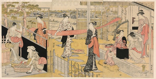 Women Washing Clothes, c. 1788, Torii Kiyonaga, Japanese, 1752-1815, Japan, Color woodblock print, oban, triptych, 38.7 x 25.8 cm (right sheet), 39.0 x 25.7 cm (center sheet), 38.1 x 25.4 cm (left sheet)