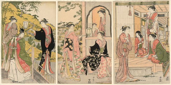 A Modern Version of Ushiwakamaru Serenading Princess Joruri, c. 1785, Torii Kiyonaga, Japanese, 1752-1815, Japan, Color woodblock print, oban triptych, 39.0 x 26.1 cm (right sheet), 38.5 x 25.4 cm (center sheet), 38.5 x 26.0 cm (left sheet)