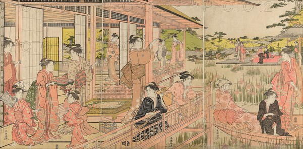 Iris Garden, c. 1781/89, Katsukawa Shuncho, Japanese, active c. 1780-1801, Japan, Color woodblock print, oban triptych, 37.1 x 24.2 cm (right sheet), 37.2 x 24.8 cm (center sheet), 37.3 x 25.2 cm (left sheet)
