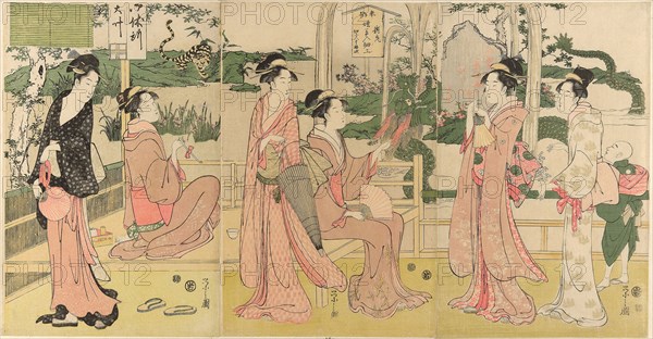 Women viewing dragon and tiger made of tobacco pouches, c. 1795, Chobunsai Eishi, Japanese, 1756-1829, Japan, Color woodblock print, triptych, 38.4 x 74.6 cm
