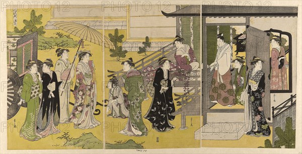 Fuji no uraba, from the series A Fashionable Parody of the Tale of Genji (Furyu yatsushi Genji), c. 1789/94, Chobunsai Eishi, Japanese, 1756-1829, Japan, Color woodblock print, oban triptych, 38 x 76.7 cm