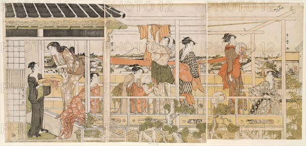 Drying Clothes (Monohoshi), c. 1790, Kitagawa Utamaro ??? ??, Japanese, 1753 (?)-1806, Japan, Color woodblock prints, oban triptych, 36.7 x 25.6 cm (right sheet), 36.7 x 26.2 cm (center sheet), 36.1 x 25.1 cm (left sheet)