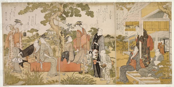 Enjoying the Cool in a Garden, c. 1788/90, Kitagawa Utamaro ??? ??, Japanese, 1753 (?)-1806, Japan, Color woodblock print, oban triptych, 38.7 x 26.0 cm (right sheet), 39.0 x 26.0 cm (center sheet), 39.0 x 26.5 cm (left sheet), 39.3 x 78.4 cm (both sheets)