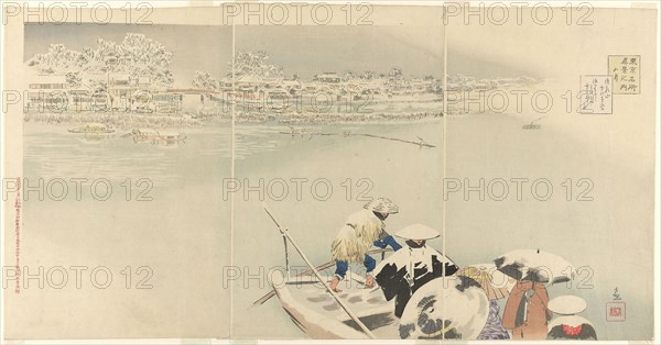 Second Month: Matsuchi Hill in Snow at Dusk (Kisaragi, Matsuchiyama yuki no tasogare), from the series True Views of Famous Places in Tokyo (Tokyo meisho shinkei no uchi), 1896, Kobayashi Kiyochika, Japanese, 1847-1915, Japan, Color woodblock print, oban triptych, 38.3 x 26.0 cm (left), 38.6 x 25.9 cm (center), 38.3 x 26.0 cm (right)