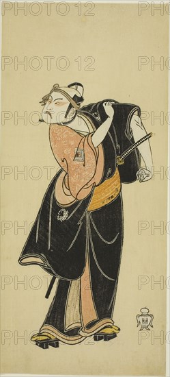 The Actor Ichikawa Raizo I as Hanakawado no Sukeroku in the scene Sukeroku in the play Hitokidori Harutsuge Soga (The Soga Play: Announcement of the Spring Season by the Bush Warbler), c. 1764, Katsukawa Shunsho ?? ??, Japanese, 1726-1792, Japan, Color woodblock print, hosoban, right sheet of diptych (?), 31.6 x 14.2 cm (12 7/16 x 5 9/16 in.)