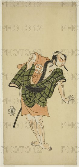The Actor Otani Hiroji III as Onio Shinzaemon (?) in the Play Bunshin Sugatami Soga (?), Performed at the Morita Theater (?) in the Second Month, 1765 (?), c. 1765, Katsukawa Shunsho ?? ??, Japanese, 1726-1792, Japan, Color woodblock print, hosoban, 32.5 x 15 cm (12 13/16 x 5 7/8 in.)