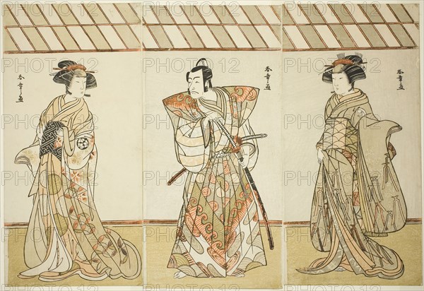 The Actors Onoe Tamizo I as Nishikigi (?) or Otae (?) (right), Ichikawa Danjuro V as Miura Heidayu Kunitae (?) (center), and Osagawa Tsuneyo II as Oyuki (?) (left), in the Play Date Nishiki Tsui no Yumitori (?), Performed at the Morita Theater (?) in the Eleventh Month, 1778 (?), c. 1778, Katsukawa Shunsho ?? ??, Japanese, 1726-1792, Japan, Color woodblock print, hosoban, triptych, 30.4 x 14.8 cm (11 15/16 x 5 13/16 in.) (right), 30.5 x 15 cm (12 x 5 7/8 in.) (center), 30.5 x 15 cm (12 x 5 7/8 in.) (left)