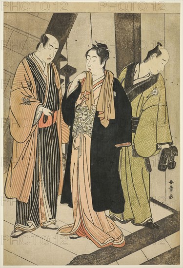 The Actors Ichikawa Monnosuke II (left), Iwai Hanshiro IV (center), and Iwai Karumo (?) (right), on a Landing Backstage, c. 1780/83, Katsukawa Shunsho ?? ??, Japanese, 1726-1792, Japan, Color woodblock print, oban, 37.5 x 26.2 cm (14 3/4 x 10 5/16 in.)