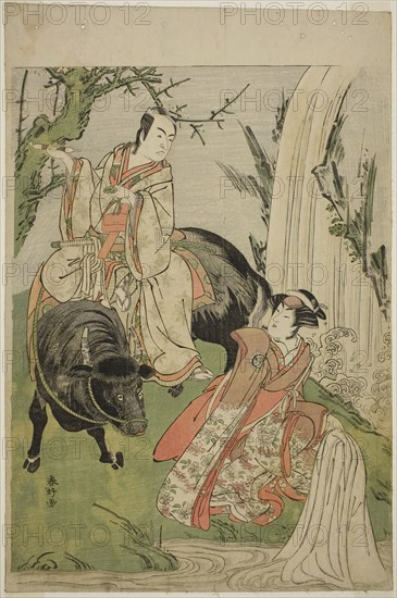 The Actors Segawa Kikunojo III as Princess Hatsune (Hatsune Hime) (right), and Ichikawa Monnosuke II as Miyukinosuke Yukinari, in the Play Otokoyama Furisode Genji, Performed at the Kiri Theater in the Eleventh Month, 1785, c. 1785, Katsukawa Shunko I, Japanese, 1743-1812, Japan, Color woodblock print, oban, 38.3 x 25.6 cm (15 1/8 x 10 1/16 in.)