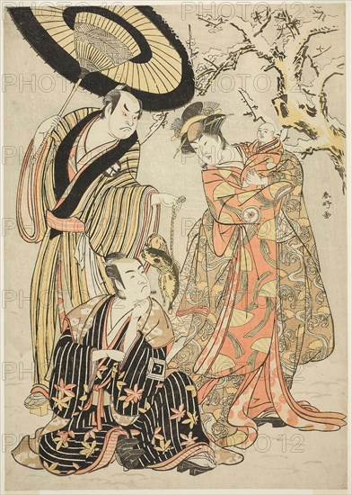 The Actors Iwai Hanshiro IV (right), Ichikawa Monnosuke II (center), and Sakata Hangoro III (left), Possibly as Manazuru the Wife of Tametomo, Hojo Saburo Munetoki, and Kawanaya Tashiro, in the Joruri Iwai-zuki Neya no Obitoki (Inauspicious Months: Loosening the Sash in the Bedchamber), from Part Two of the Play Mutsu no Hana Izu no Hataage (Snowflakes: Raising the Standard at Izu), Performed at the Kiri Theater from the First Day of the Eleventh Month, 1786, c. 1786, Katsukawa Shunko I, Japanese, 1743-1812, Japan, Color woodblock print, oban, 36.3 x 25.8 cm (14 5/16 x 10 3/16 in.)
