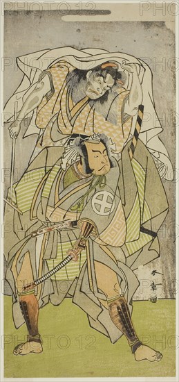 The Actors Otani Hiroji III as Koga Saburo, and Ichimura Uzaemon IX as the Devil of Kogakeyama, the Spirit of Wakasa no Zenji Yasumura, in the Play Kono Hana Yotsugi no Hachi no Ki, Performed at the Ichimura Theater in the Eleventh Month, 1771, c. 1771, Katsukawa Shunsho ?? ??, Japanese, 1726-1792, Japan, Color woodblock print, hosoban, 31 x 14.3 cm (12 3/16 x 5 5/8 in.)
