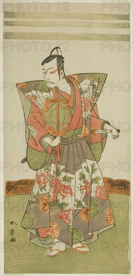 The Actor Ichikawa Danjuro V as Kudo Kanaishi in the Play Izu-goyomi Shibai no Ganjitsu, Performed at the Morita Theater in the Eleventh Month, 1772, c. 1772, Katsukawa Shunsho ?? ??, Japanese, 1726-1792, Japan, Color woodblock print, hosoban, center sheet of triptych, 31.8 x 15 cm (12 1/2 x 5 7/8 in.)