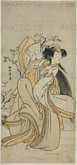 The Actor Iwai Hanshiro IV as Kojoro-gitsune of Hakata in the Play Hikitsurete Yagoe Taiheiki, Performed at the Morita Theater in the Eleventh Month, 1776, c. 1776, Katsukawa Shunsho ?? ??, Japanese, 1726-1792, Japan, Color woodblock print, hosoban, left sheet of diptych (?), 31.5 x 14.5 cm (12 3/8 x 5 11/16 in.)