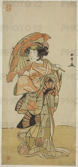 The Actor Nakamura Tomijuro I as the female fox from Mt. Ubagadake in the play Chigo Torii Tobiiri Kitsune, performed at the Ichimura Theater in the eleventh month, 1777, c. 1777, Katsukawa Shunsho ?? ??, Japanese, 1726-1792, Japan, Color woodblock print, one sheet of hosoban tetraptych, 31.7 x 14.4 cm (12 7/16 x 5 5/8 in.)
