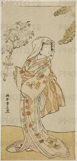 The Actor Yoshizawa Sakinosuke III as Naniwazu in the Play Sugata no Hana Yuki no Kuronushi, Performed at the Ichimura Theater in the Eleventh Month, 1776, c. 1776, Katsukawa Shunsho ?? ??, Japanese, 1726-1792, Japan, Color woodblock print, hosoban, 31.2 x 14.7 cm (12 5/16 x 5 13/16 in.)