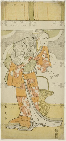 The Actor Arashi Ryuzo II as Hachijo, Wet Nurse of Taira no Kiyomori, in Act Three of the Play Gempei Hashira-goyomi (Pillar Calendar of the Genji and Heike Clans), Performed at the Kiri Theater from the First Day of the Eleventh Month, 1795, c. 1795, Katsukawa Shun’ei, Japanese, 1762-1819, Japan, Color woodblock print, hosoban, part of a multisheet composition, 32.2 x 14.9 cm (12 11/16 x 5 7/8 in.)