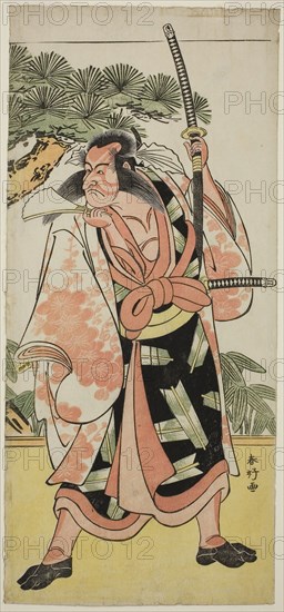 The Actor Ichikawa Danjuro V as Kajiwara Genta Kagesue in the Play Yuki Nazuna Saiwai Soga, Performed at the Kiri Theater in the First Month, 1787, c. 1787, Katsukawa Shunko I, Japanese, 1743-1812, Japan, Color woodblock print, hosoban, 32.7 x 14.9 cm (12 7/8 x 5 7/8 in.)