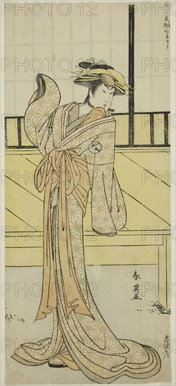The Actor Segawa Kikunojo III as Okaru in the Play Kanadehon Chushingura, Performed at the Morita Theater in the Eighth Month, 1787, c. 1787, Katsukawa Shun’ei, Japanese, 1762-1819, Japan, Color woodblock print, hosoban, left sheet of diptych (?), 32 x 14 cm (12 5/8 x 5 1/2 in.)