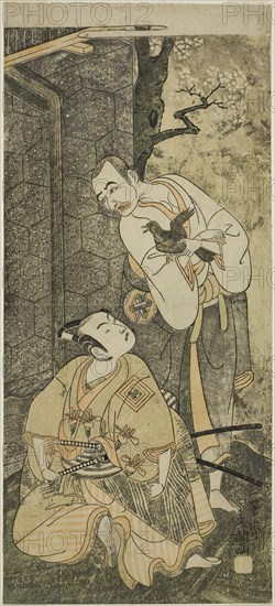 The Actors Nakamura Utaemon I as Seigen (right), and Ichikawa Komazo II as Shimizu Tonoinosuke Kiyoharu (left), in the Play Soga Moyo Aigo no Wakamatsu, Performed at the Nakamura Theater in the Third Month, 1769, c. 1769, Ippitsusai Buncho, Japanese, active c. 1755-90, Japan, Color woodblock print, hosoban, 32.3 x 14.5 cm (12 11/16 x 5 3/4 in.)