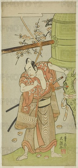 The Actor Ichikawa Yaozo II as Yoshimine no Munesada in the Play Kuni no Hana Ono no Itsumoji, Performed at the Nakamura Theater in the Eleventh Month, 1771, c. 1771, Ippitsusai Buncho, Japanese, active c. 1755-90, Japan, Color woodblock print, hosoban, 32.5 x 14.7 cm (12 13/16 x 5 13/16 in.)